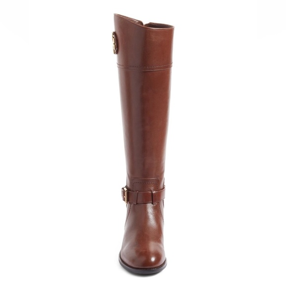 TORY BURCH Adeline Riding Tall Boots 7 Leather Almond Brown Gold Logo NWT $498 - Picture 2 of 7
